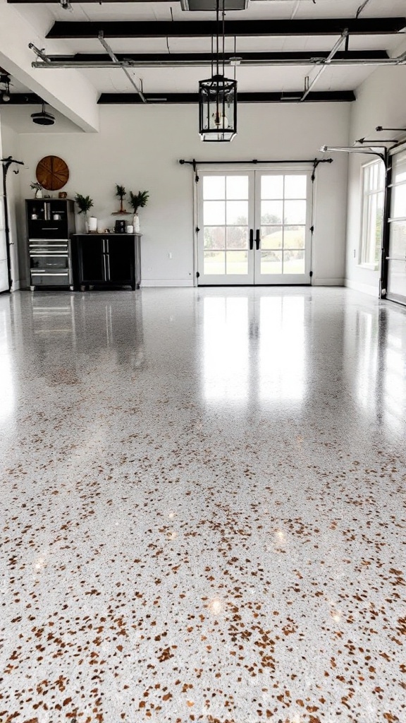 A polished garage floor featuring metallic flake accents, showcasing a modern and stylish interior.