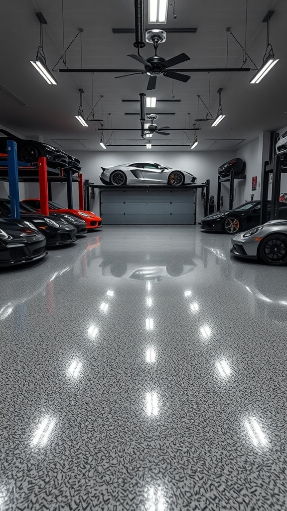 A spacious luxury garage with a metallic flake epoxy floor, showcasing sleek cars and modern design.