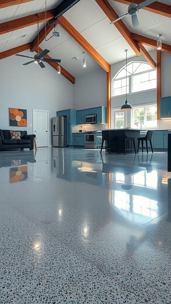 Interior view of a modern kitchen with metallic epoxy floor featuring colorful flakes