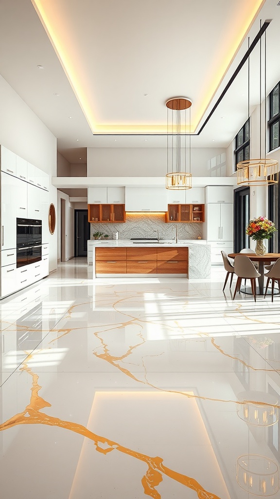A modern kitchen with a glossy epoxy floor featuring metallic gold accents and a stylish kitchen island.