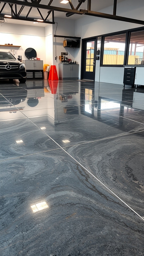 A sleek garage interior featuring a polished charcoal epoxy floor with a metallic marble effect.