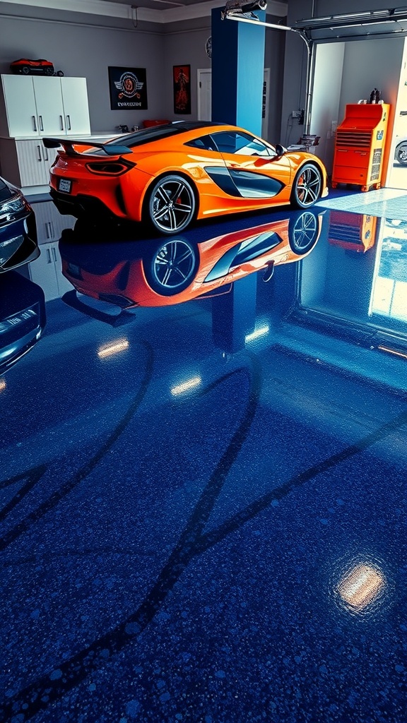 A garage with a dark blue metallic epoxy floor and an orange sports car reflecting on the surface.