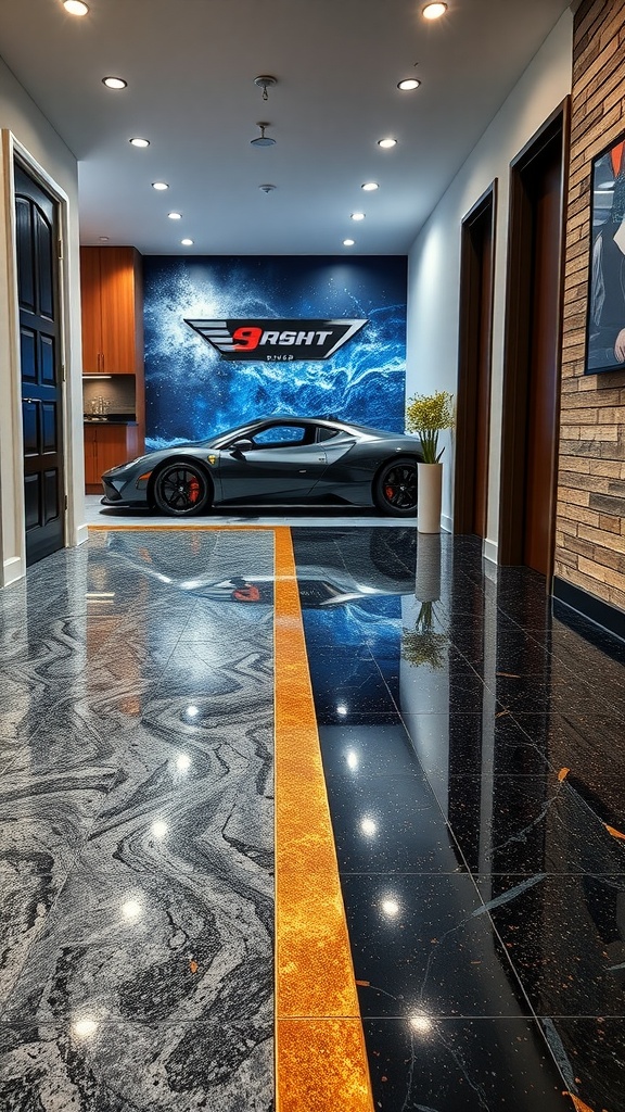 A modern interior with metallic shimmer epoxy flooring showcasing a sleek design.