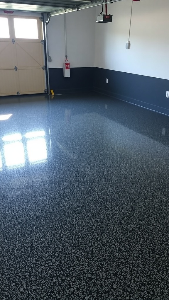 A metallic shimmer epoxy garage floor reflecting light beautifully.