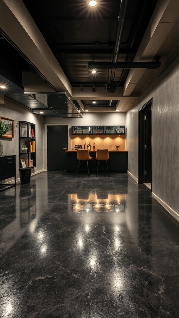 Metallic epoxy floor in a modern basement with black ceiling and stylish bar area.