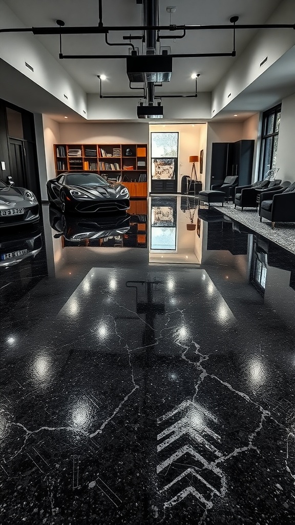 A modern garage featuring a glossy black epoxy floor with two luxury cars and stylish furniture.