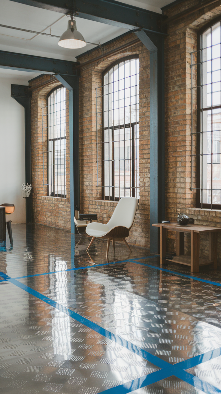 Interior with metallic silver and blue epoxy floor, large windows, and modern furniture.