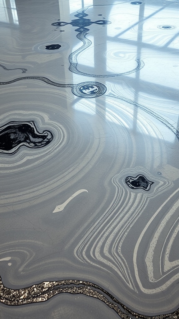 A close-up of an epoxy floor design showcasing metallic silver swirls and reflective patterns.
