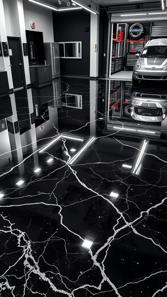 A sleek metallic silver epoxy floor with reflective elements in a modern garage setting.