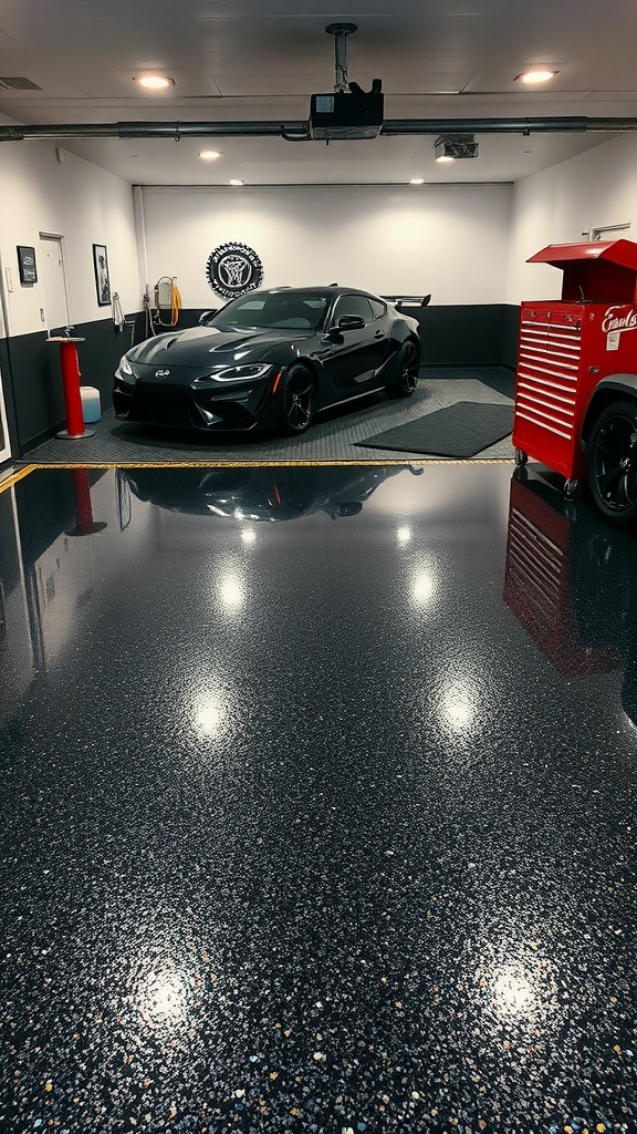 A modern garage with a high-gloss black epoxy floor and a sleek car, showcasing glitter and flakes for an elegant touch.
