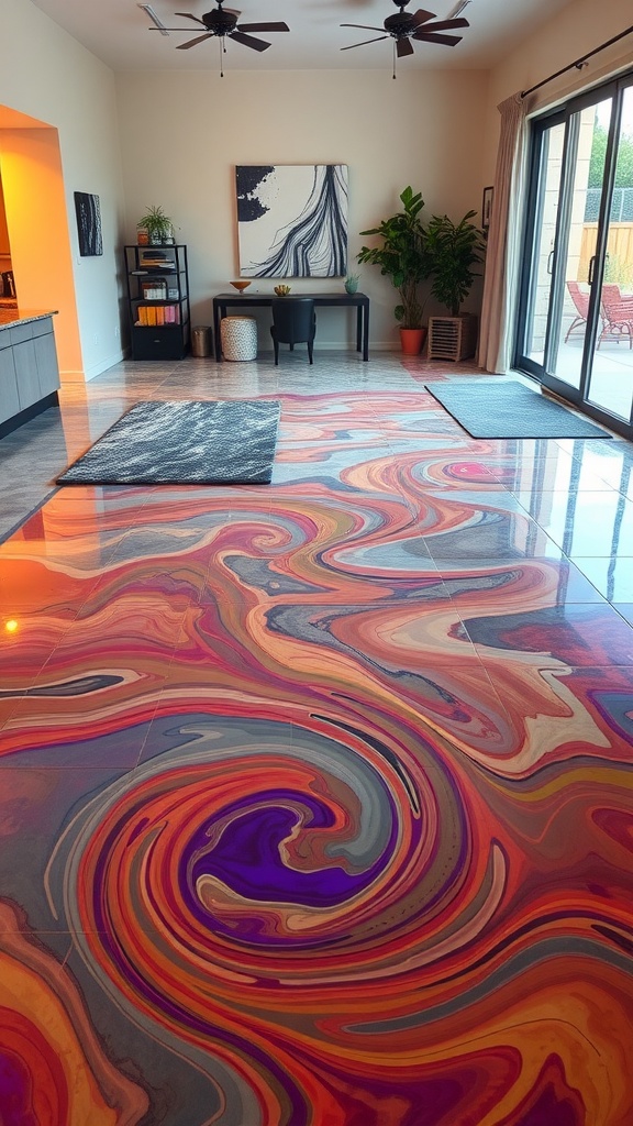 Colorful metallic swirl epoxy floor design in a modern living space