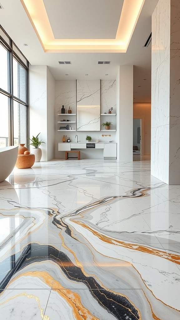 A modern interior featuring a stunning metallic swirl epoxy floor design with gold, black, and white colors