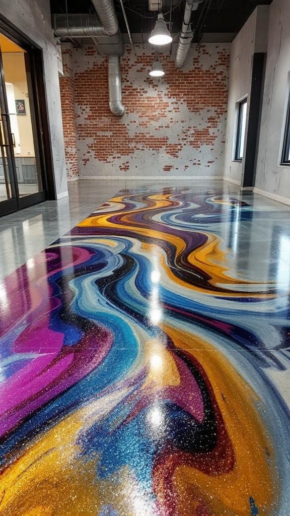 A vibrant metallic swirl epoxy floor design featuring blues, purples, and golds in a modern space.