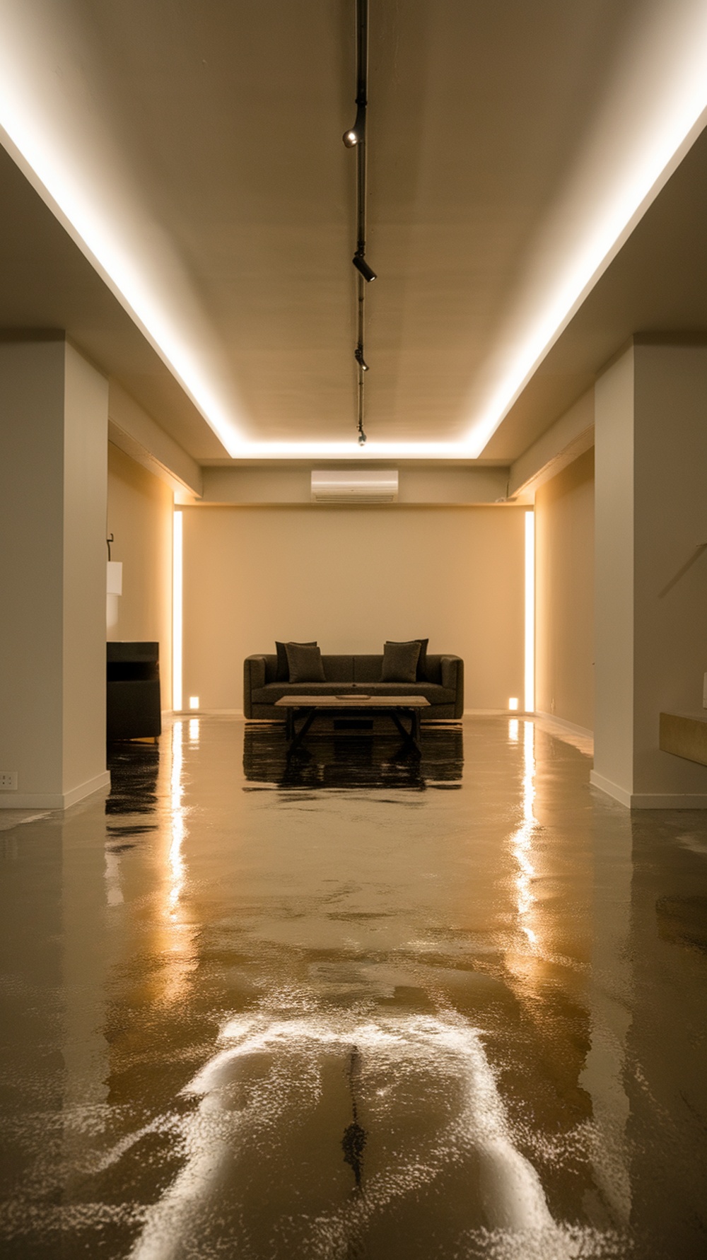 A modern basement with metallic swirl epoxy flooring, showcasing a sleek and stylish interior design.