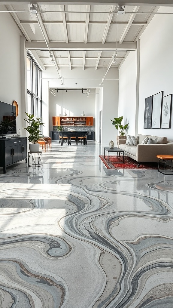 A modern living space with a metallic swirled epoxy concrete floor, showcasing a stylish interior design.