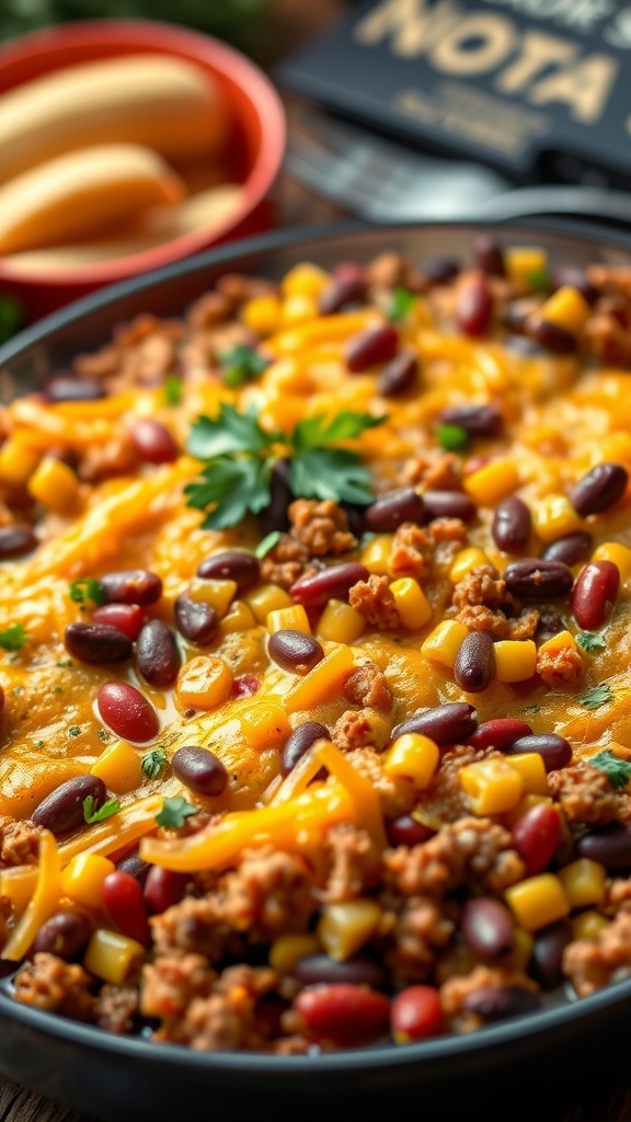 A delicious Mexican-style ground beef casserole topped with cheese, beans, and corn.