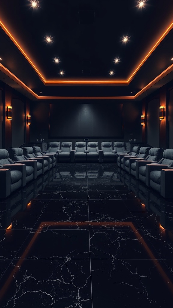 A luxurious home theater with a polished black epoxy floor and soft seating, illuminated by warm lights.
