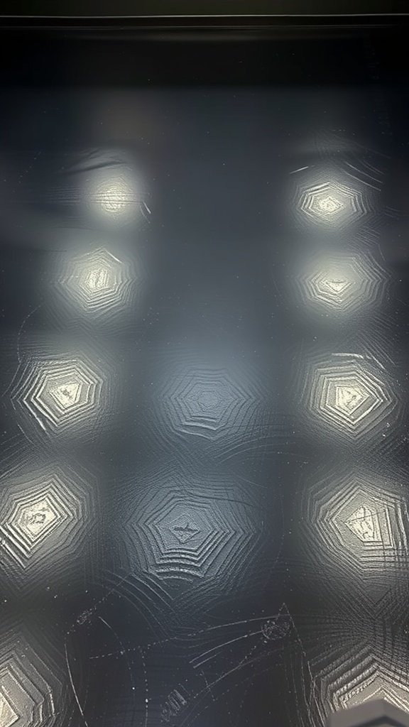 An epoxy floor featuring a midnight black base with metallic silver accents, showcasing a glossy and modern design.