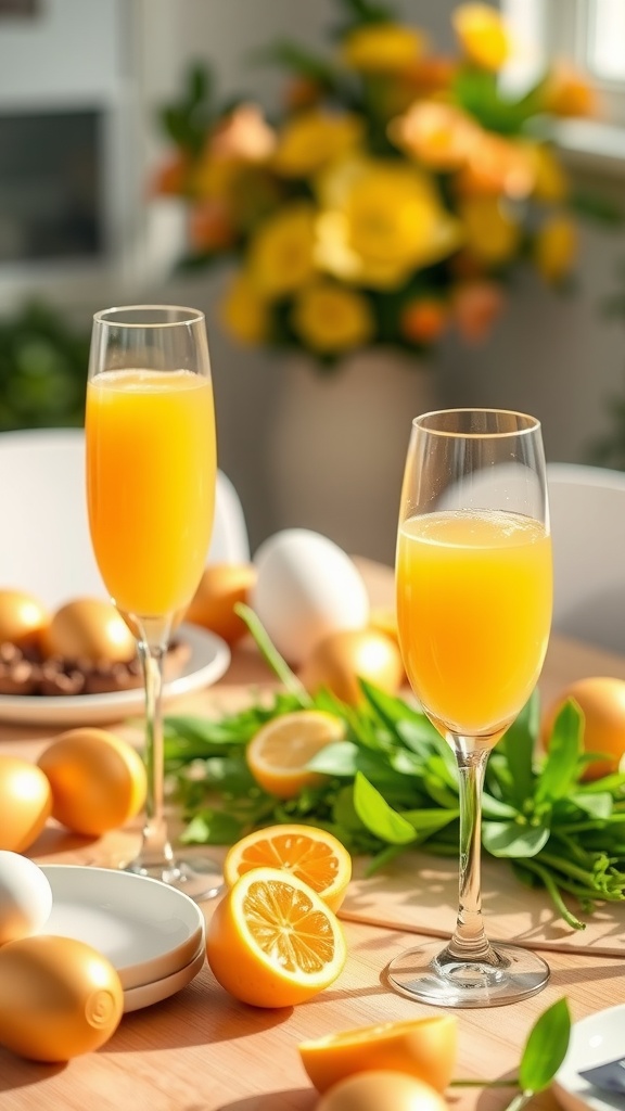 Two glasses of mimosas with fresh orange juice and garnished with orange slices, surrounded by Easter decorations.
