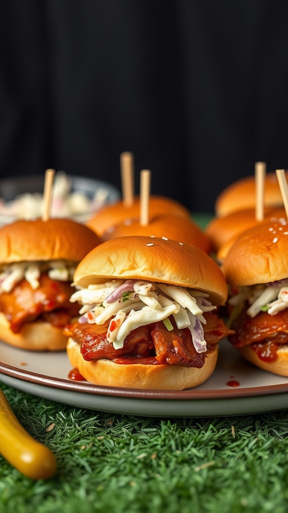 Mini BBQ Pulled Pork Sliders on a platter with garnishes