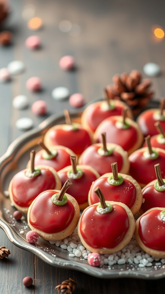 Mini candy apple cookies arranged on a decorative plate, resembling small apples with glossy red coating and chocolate stems.