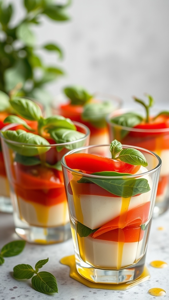 Mini Caprese Salad Cups with mozzarella, tomatoes, and basil in clear glasses.