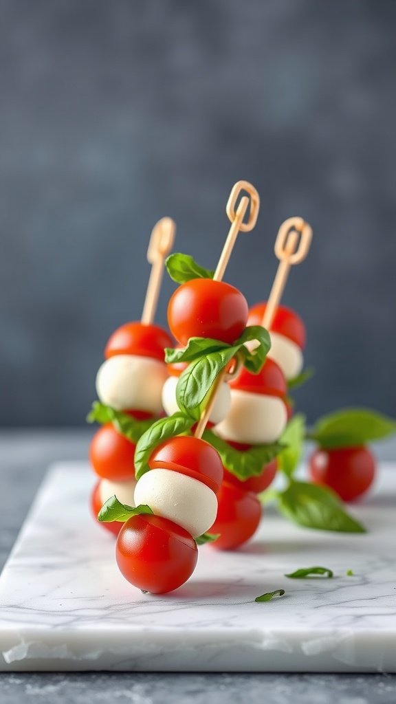 Mini Caprese skewers with cherry tomatoes, mozzarella, and basil