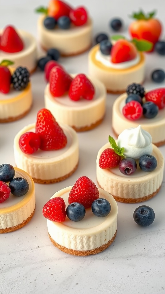 Mini cheesecakes topped with assorted berries.