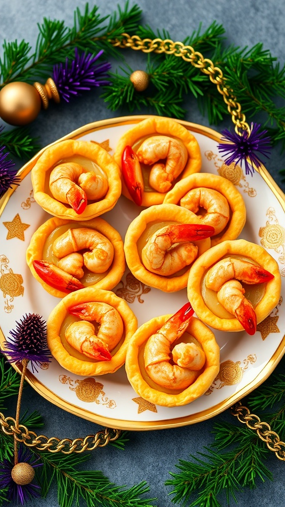 Delicious mini crawfish pies on a decorative plate, perfect for Mardi Gras celebrations.