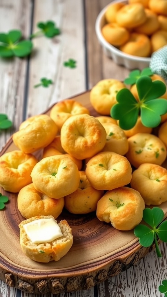 Mini Irish soda bread bites on a wooden platter with a small piece buttered.