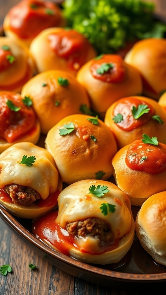 Mini meatball sliders with cheese and sauce on soft buns, garnished with parsley.