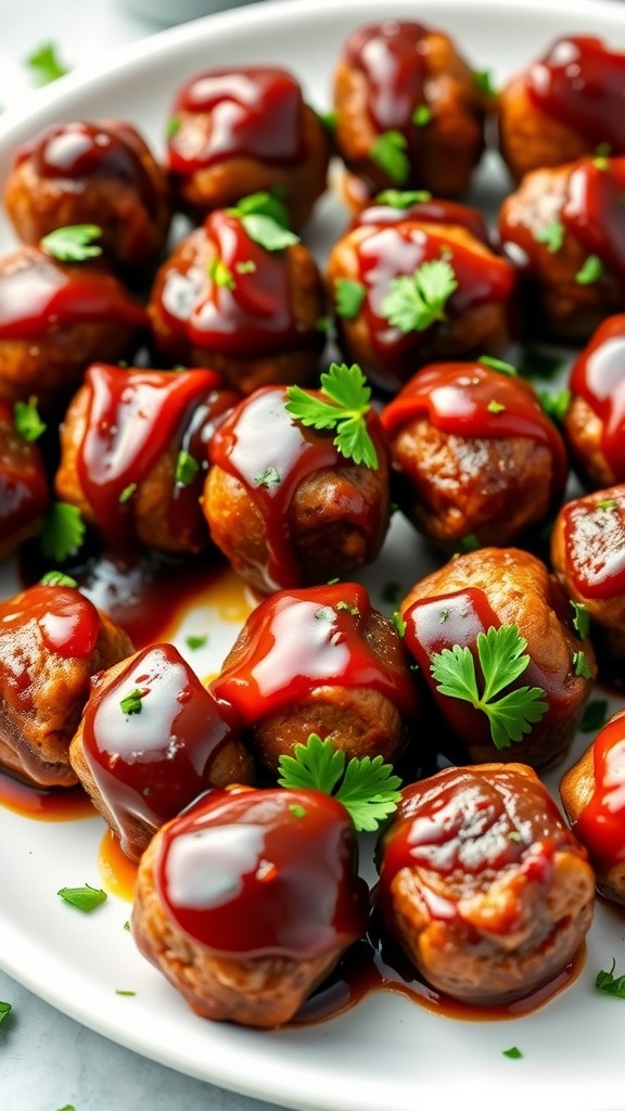 Delicious mini meatballs coated in BBQ sauce garnished with parsley