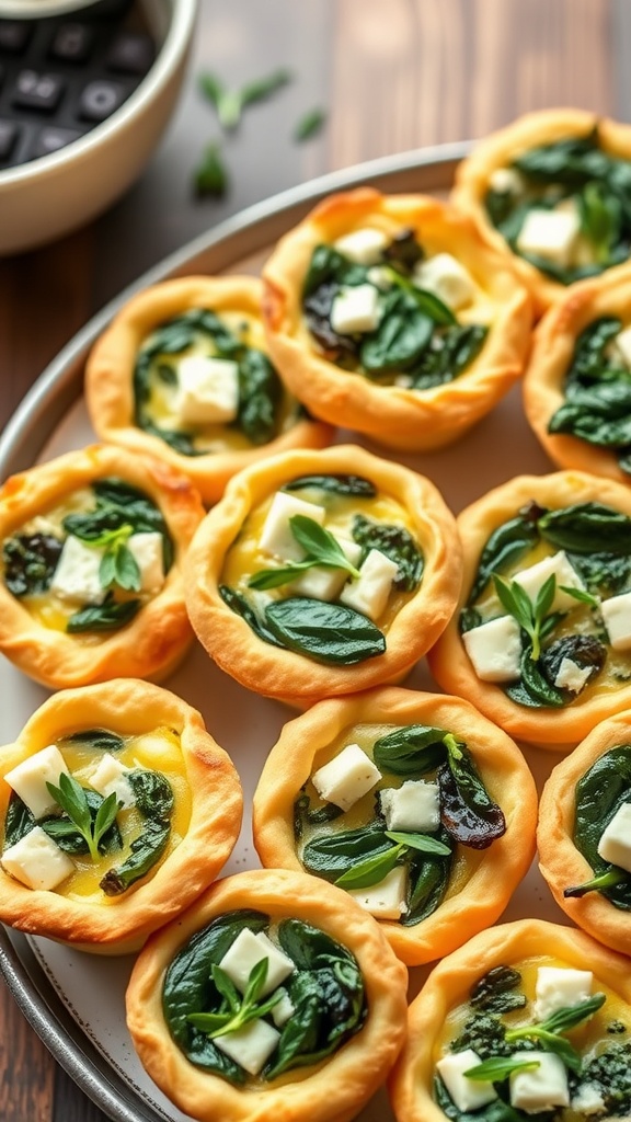 Mini quiches with spinach and feta served on a plate.