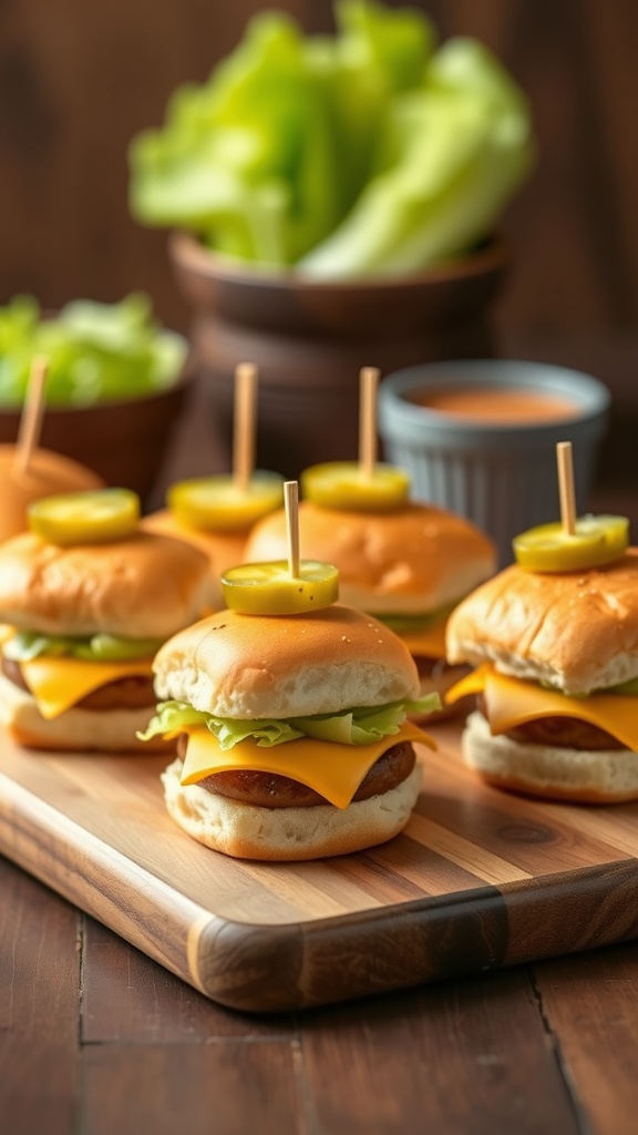 Mini sliders with various toppings on a wooden board