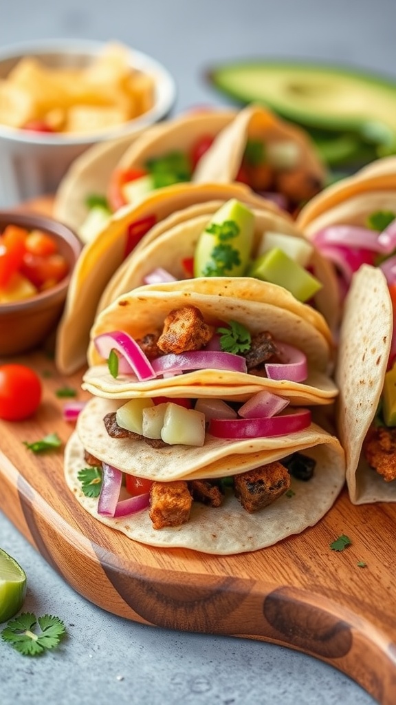 Mini tacos topped with fresh vegetables and herbs