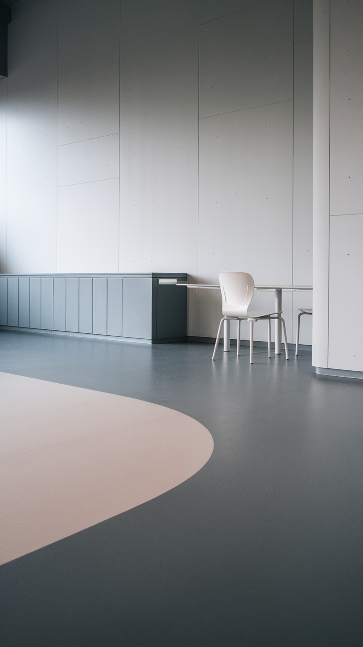 A modern minimalist room with epoxy flooring featuring a soft pink curve and gray surfaces, showcasing simple and elegant design.
