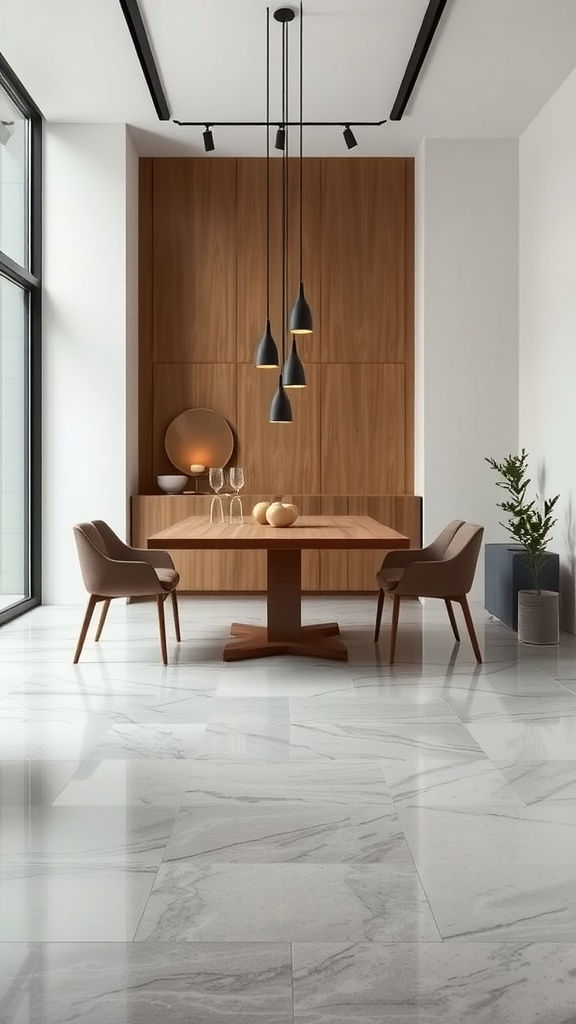 A modern dining area featuring clear epoxy flooring with a wooden table and minimalist decor.