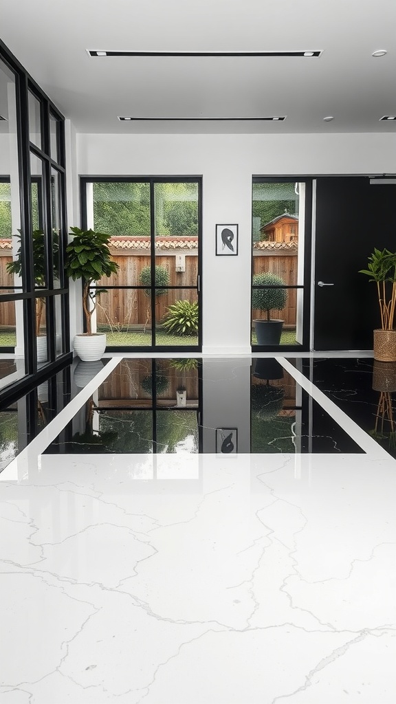 A minimalist black and white epoxy floor featuring a glossy finish and modern design.