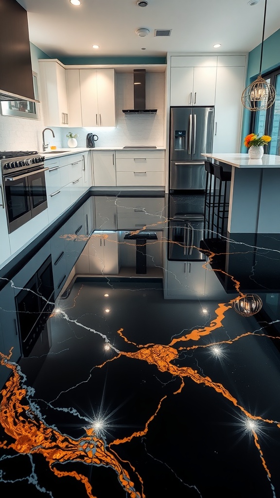 Minimalist black and white epoxy flooring in a modern kitchen