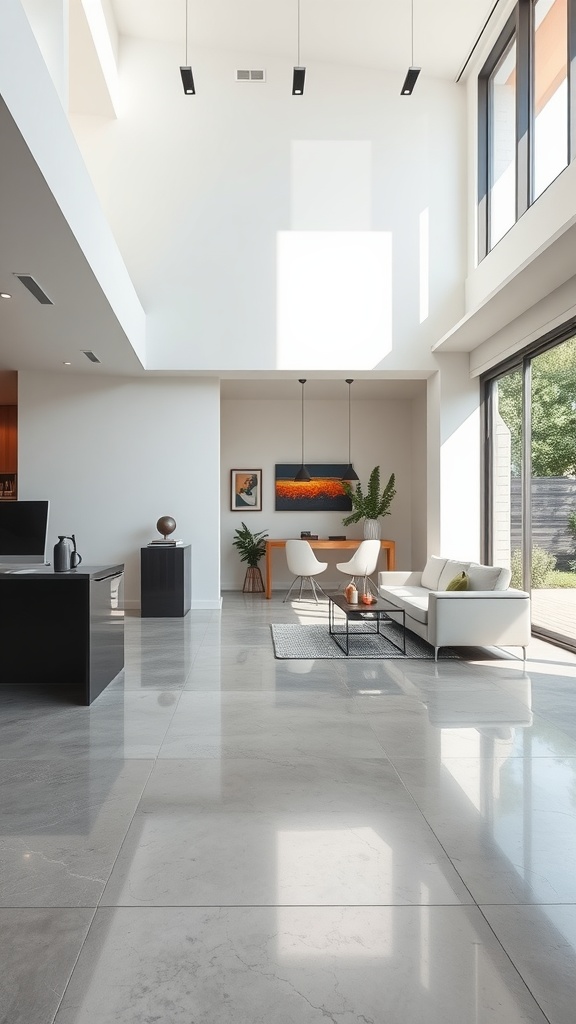 A modern living space with polished concrete flooring, high ceilings, and large windows, showcasing minimalist interior design.