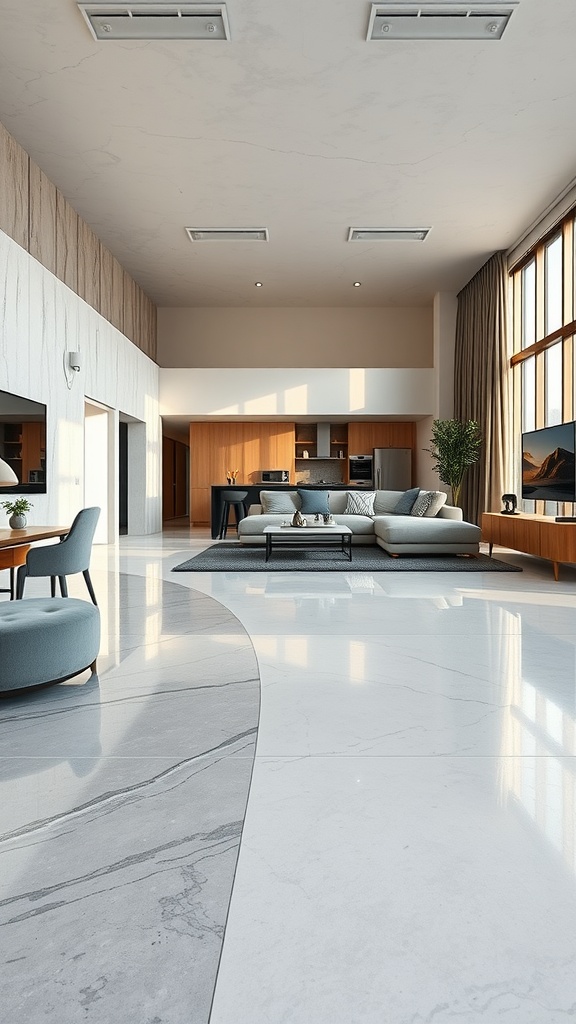 Modern living room with polished concrete flooring and minimalist decor.