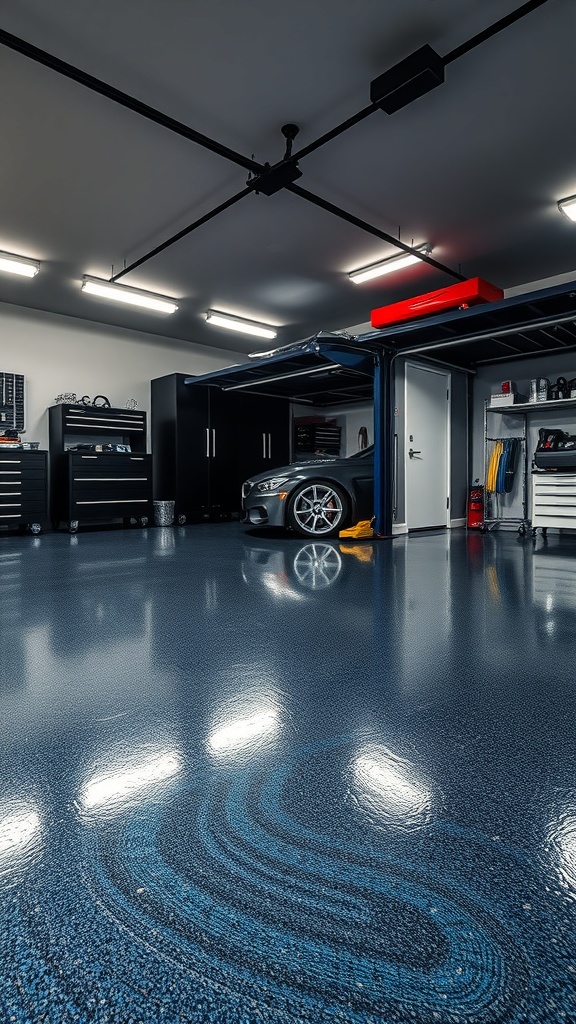 A modern garage with a shiny gray epoxy floor and minimalistic design elements.