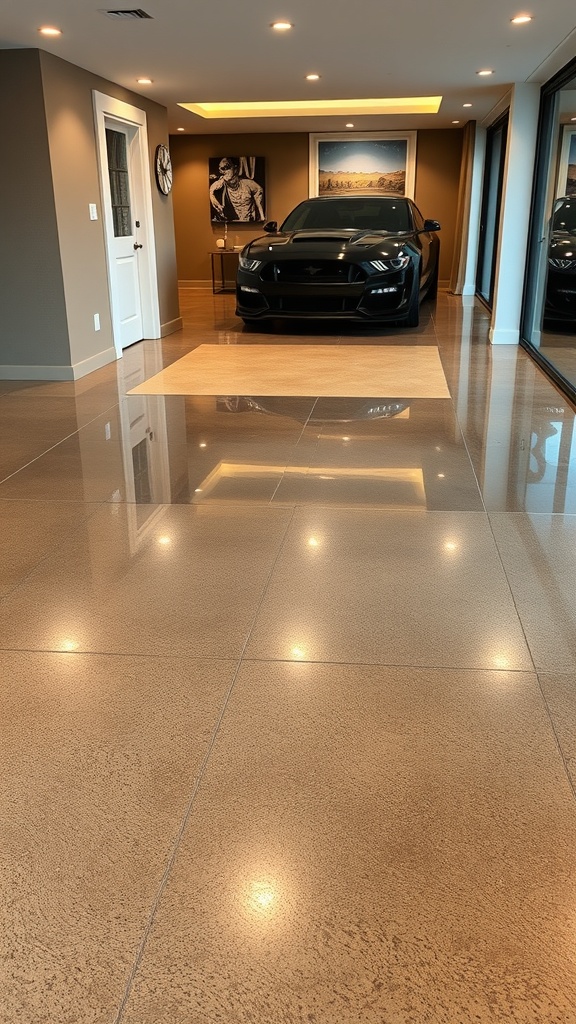A modern living space featuring a glossy metallic epoxy floor with a sleek black car parked inside.
