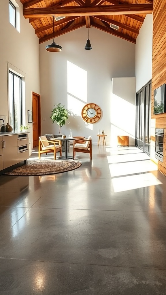 A bright living room featuring polished cement floors, wooden accents, and large windows.