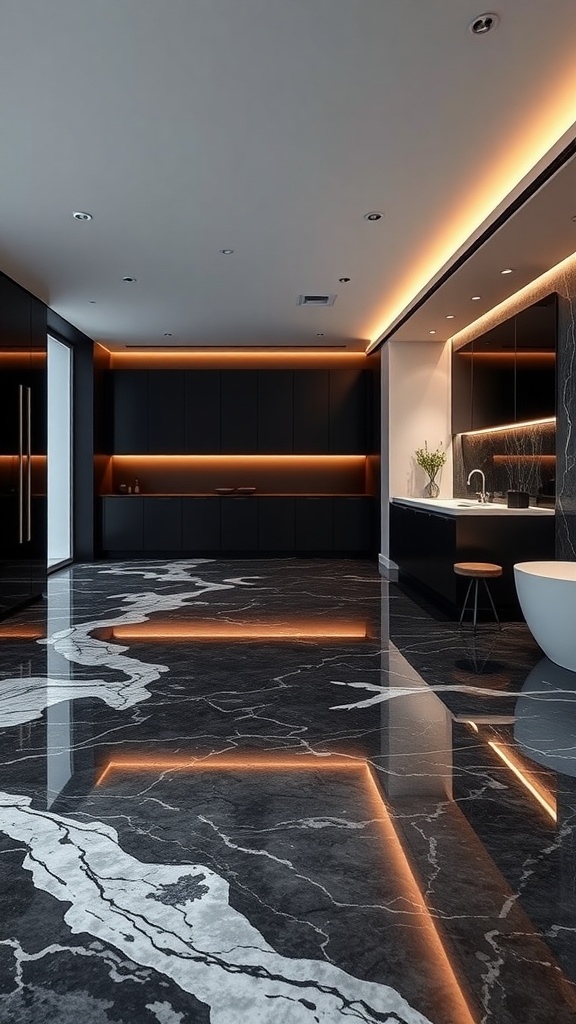 A modern kitchen with black epoxy floor featuring white marble veins, stylish cabinetry, and warm lighting.