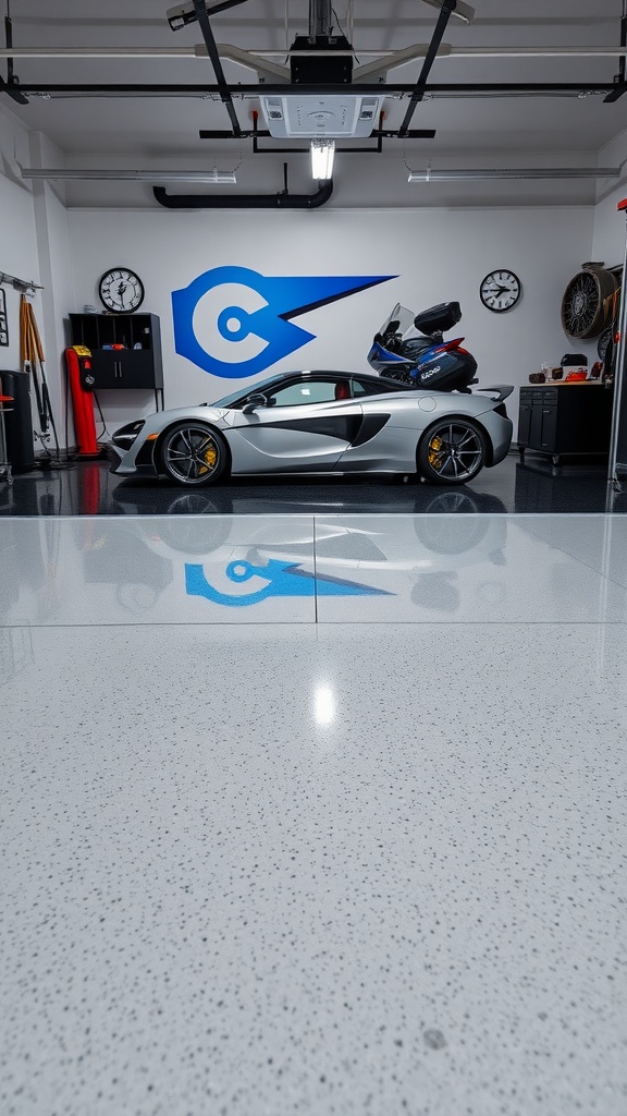 A sleek and minimalist garage with a high-gloss epoxy floor and a stylish car.