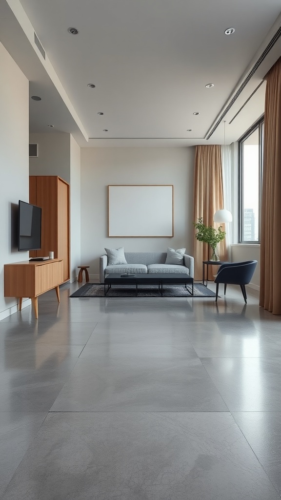 A minimalist living room featuring gray epoxy flooring, modern furniture, and large windows.