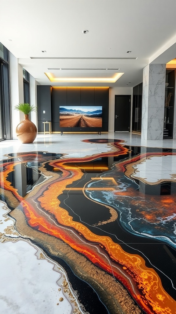 A minimalist epoxy floor featuring a flowing design with bright colors, set in a modern living space.