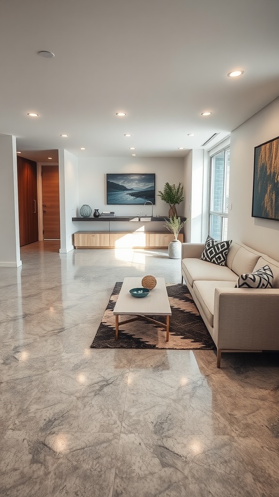 Modern living room with polished epoxy floors, minimalist furniture, and natural light.