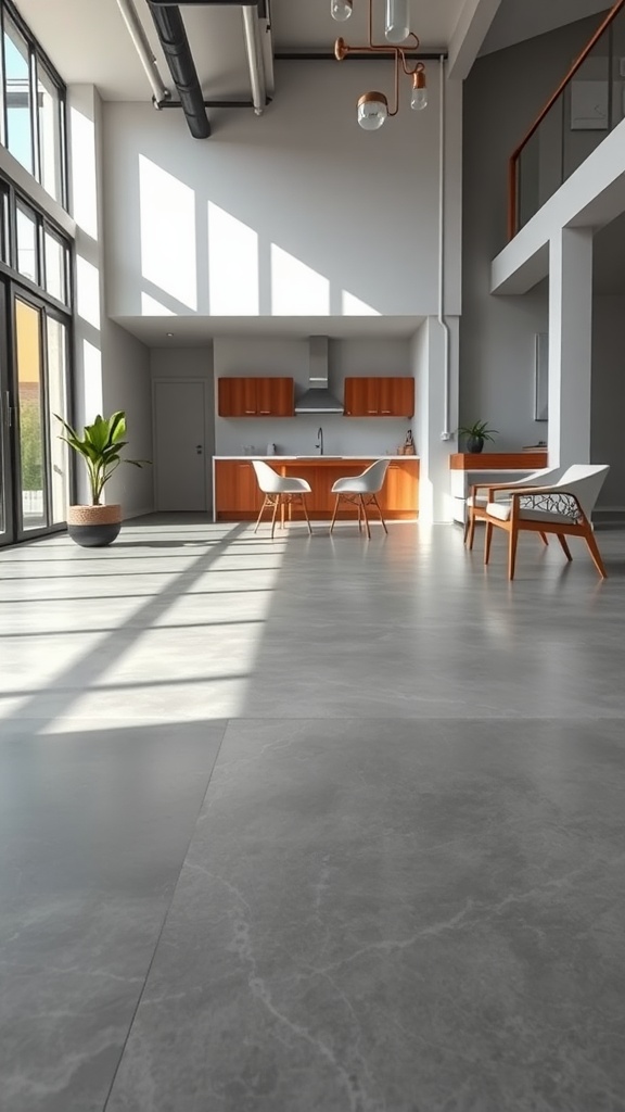 Modern living space with gray concrete floors and large windows